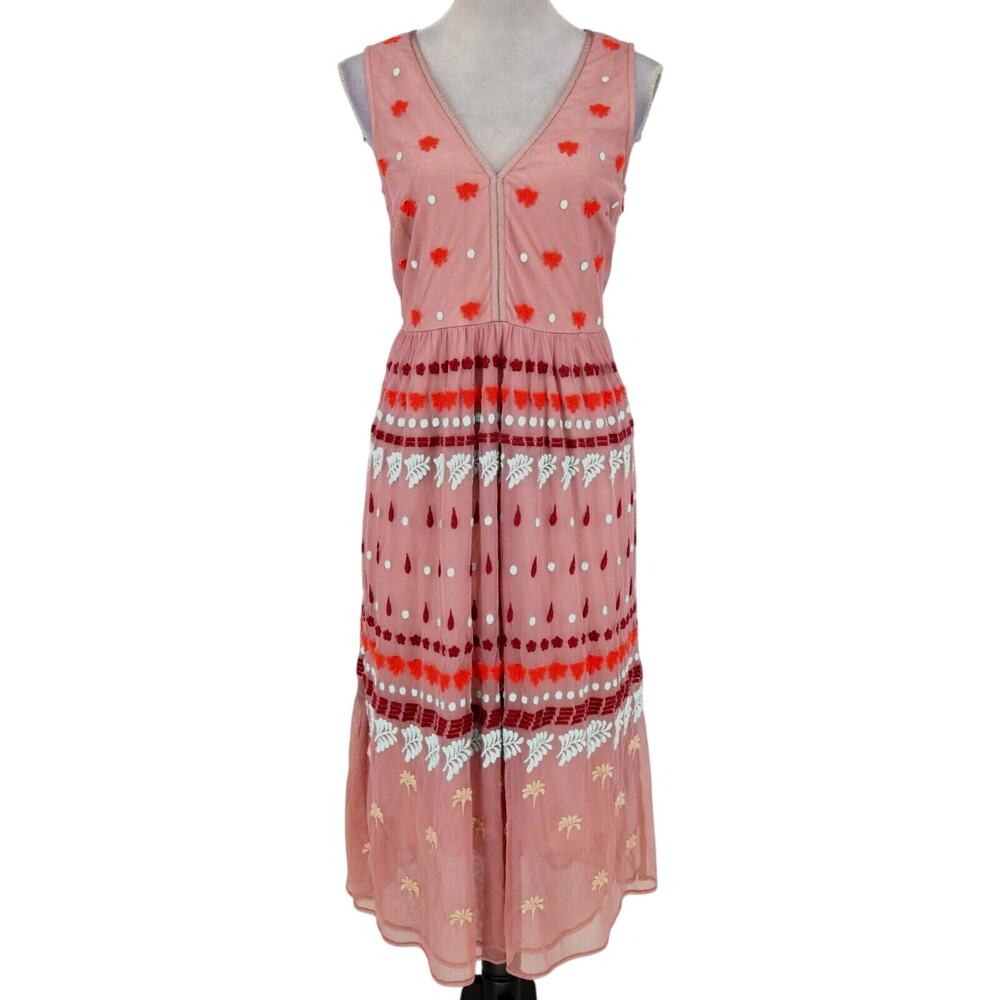 Sundance Dress Womens 6 Pink Rose Mesh Embroidered Lined Coastal Cowgirl Western